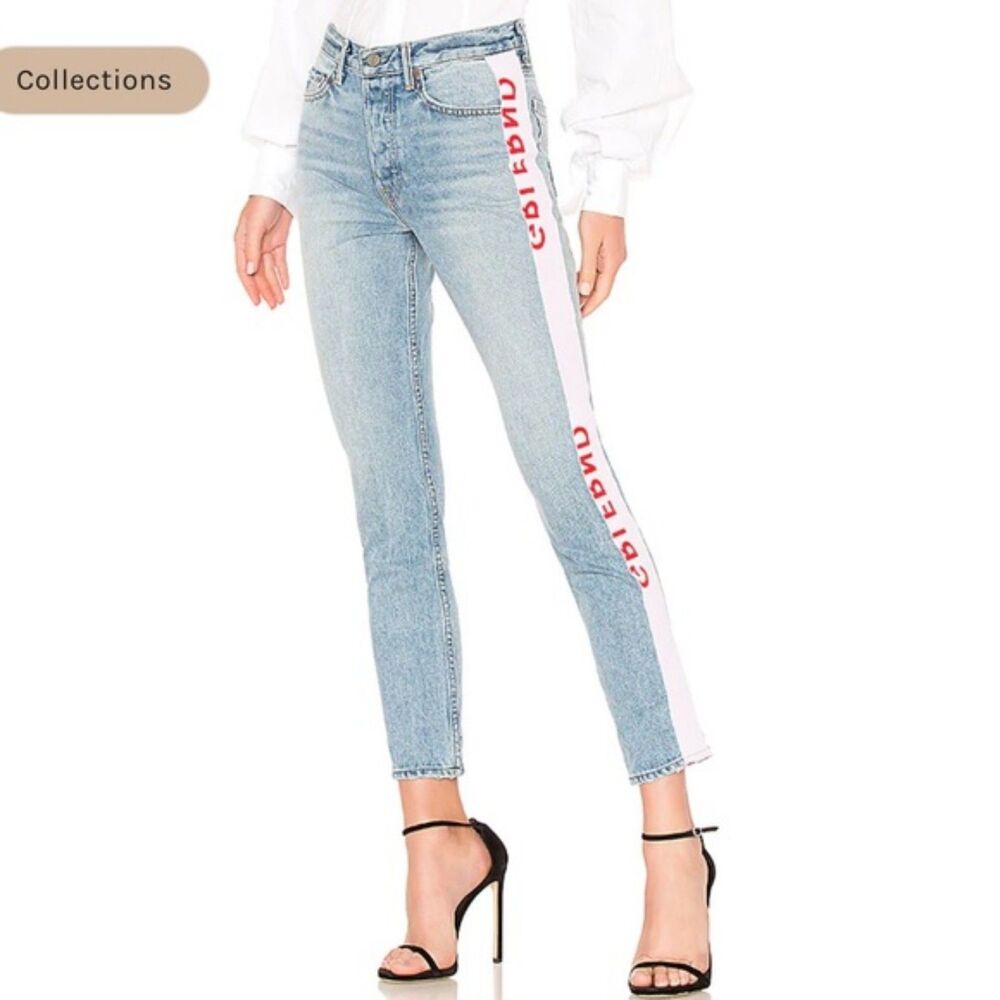 GRLFRND REVOLVE Jeans 27 Karolina Skinny Ticker Tape Spellout Button Fly Y2K
